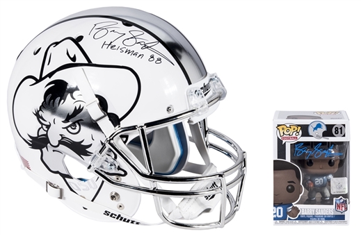Lot of (2) Barry Sanders Autographed Oklahoma State Full Size Replica Helmet and Detroit Lions NFL Legends Funko Pop Figurine (Schwartz)